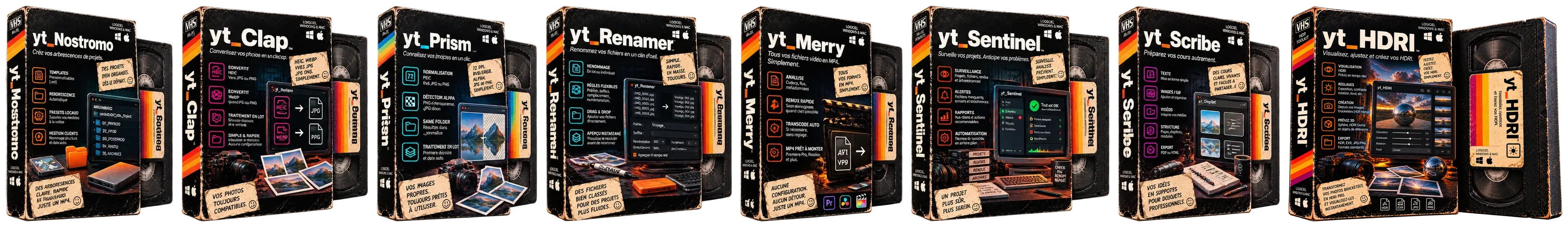 Les huit jaquettes VHS de la yt_Suite : Nostromo, Clap, Prism, Renamer, Merry, Sentinel, Scribe et HDRI